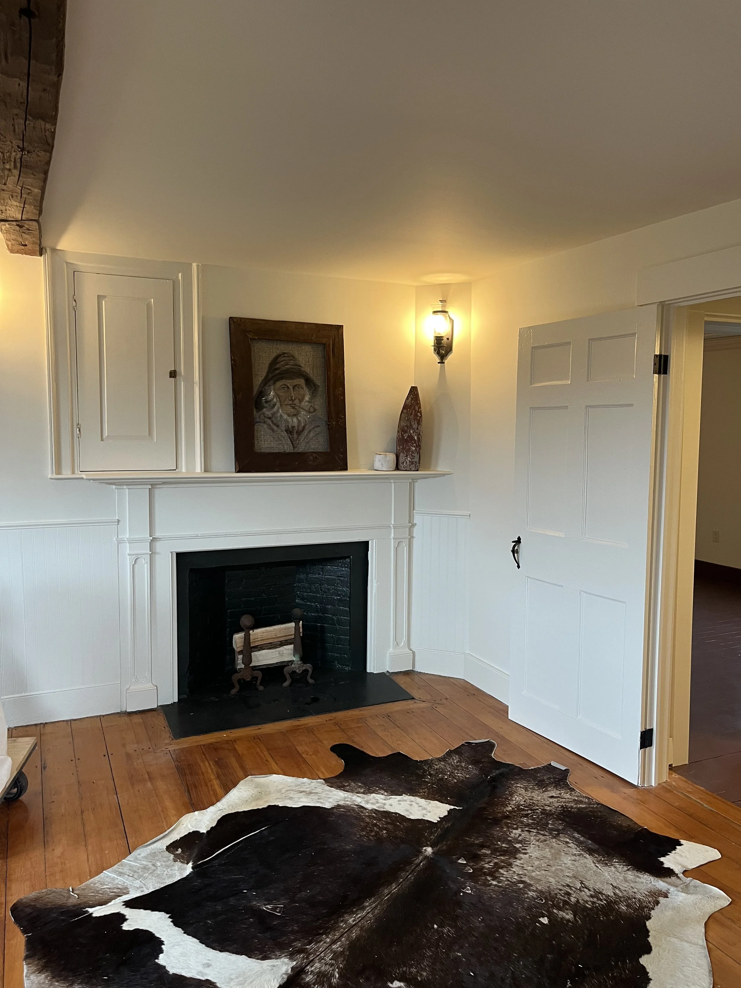 fireplace and cow hide rug