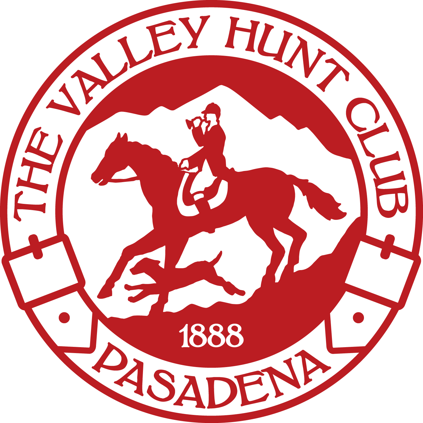 Logo of The Valley Hunt Club in red, featuring a horse with a rider holding a horn and a dog, surrounded by a circular border with mountains and the text 'The Valley Hunt Club 1888 Pasadena.'