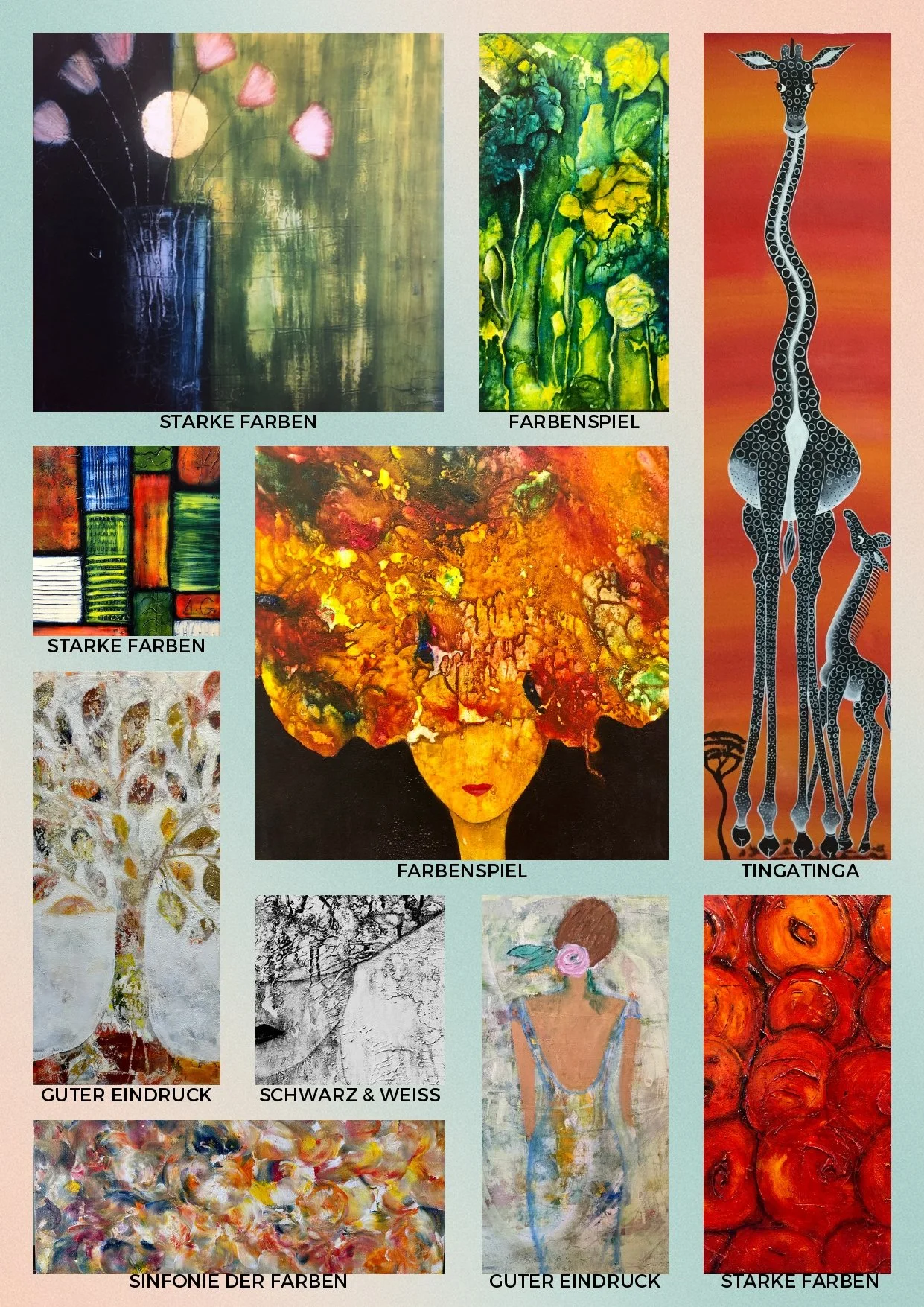 Ein Collage von neun abstrakten und figurativen Kunstwerken, darunter bunte Farbspiele, Pflanzenmotive und Tierdarstellungen. Enthält Gemälde mit dominanten Farben wie Grün, Orange, Rot, Blau und Schwarz, jeweils mit verschiedenen künstlerischen Stilen und Texturen.