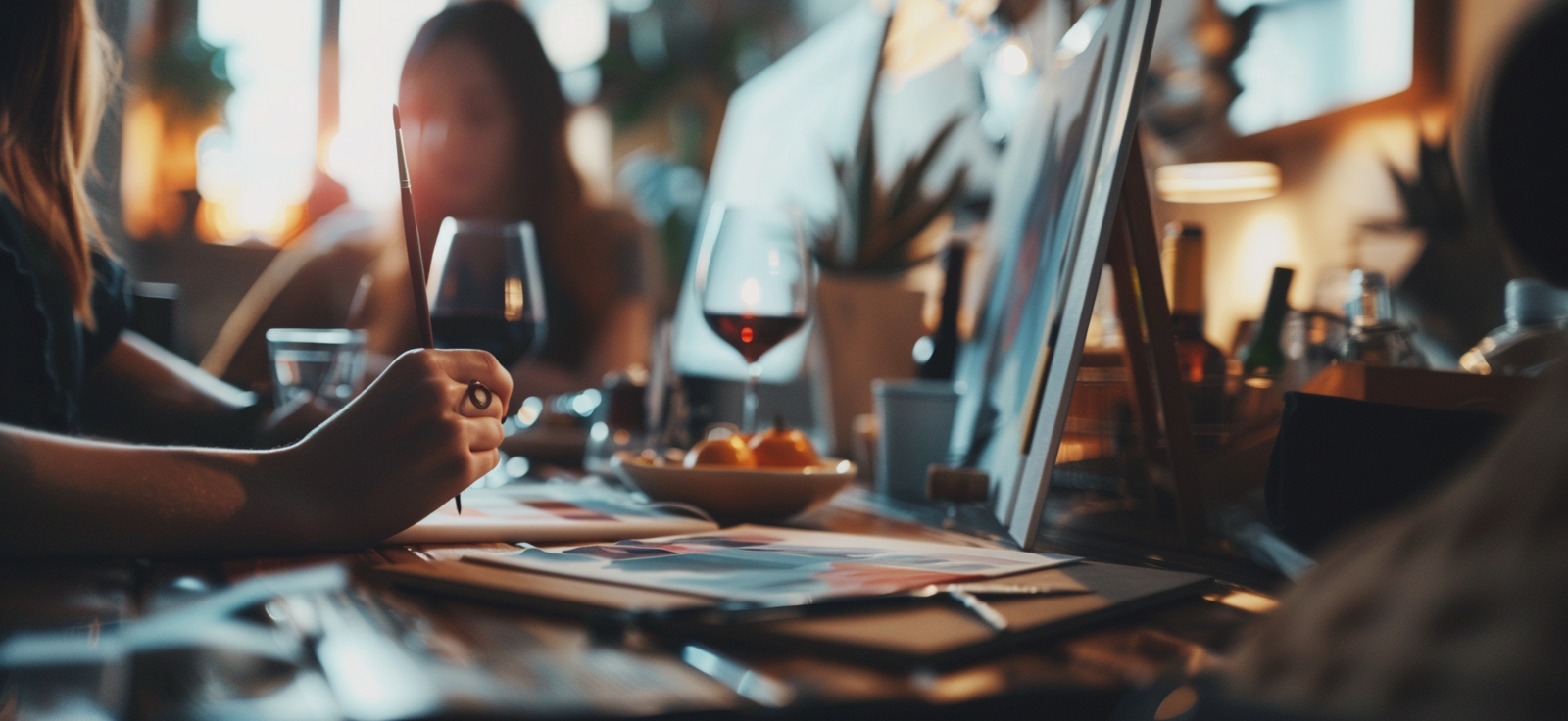 Person schreibt auf einem Notizbuch, während sie vor einem Computerbildschirm sitzen, mit einem Glas Rotwein und einer Schale mit Obst auf dem Tisch.