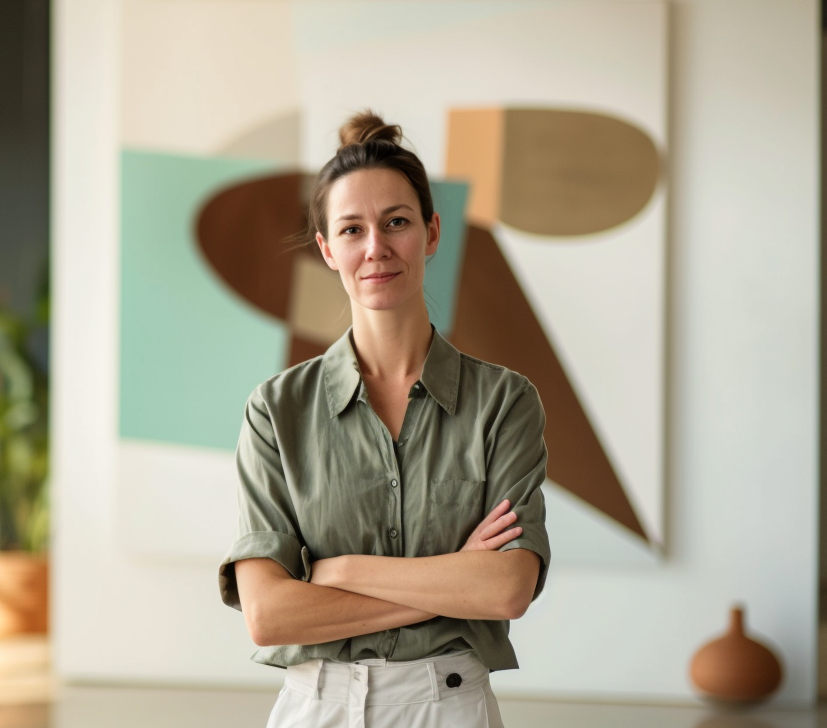 Junge Frau steht mit verschränkten Armen vor einer abstrakten Kunstwand in einem Raum.