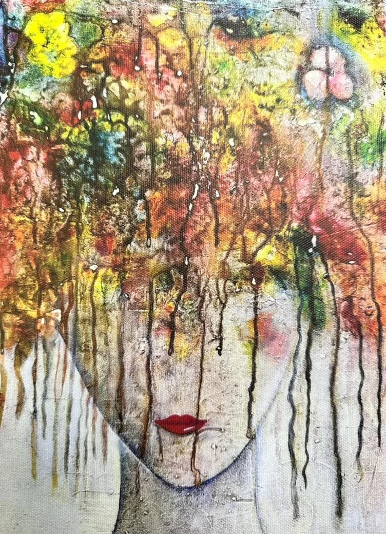 Abstraktes Gemälde einer Frau mit bunten, herabfallenden Blättern als Haare, rote Lippen, mit Wasserfarben und schwarzen Linien.