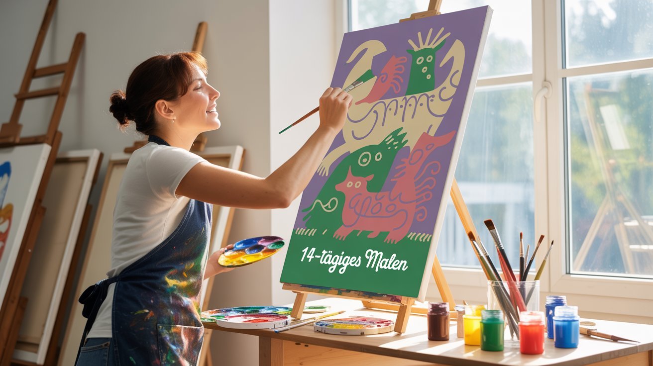 Junge Frau malt ein buntes Bild auf eine Staffelei mit Acrylfarben im Atelier, während sie lächelt. Es gibt mehrere Farben auf der Palette und andere Gemälde im Hintergrund.