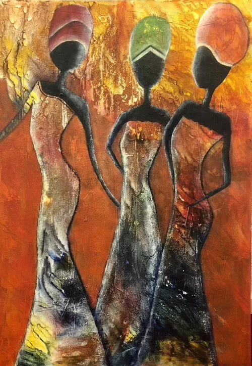 Abstrakte Malerei zeigt drei stilisierte Frauenfiguren mit großen Hüten, vor einem warmfarbenen Hintergrund.