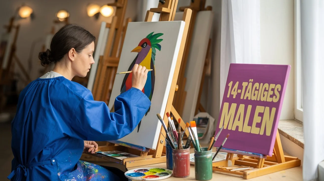 Eine junge Frau beim Malen eines bunten Papageis auf einer Staffelei, umgeben von Malutensilien und einem Schild mit der Aufschrift ‚14-tägiges Malen‘ in einem hellen Atelier.