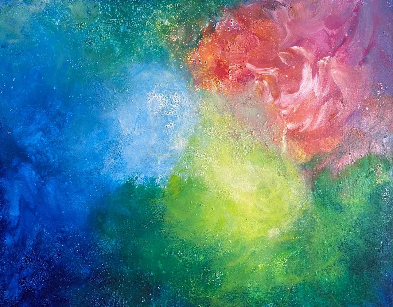 Abstraktes buntes Gemälde mit Blau, Grün, Gelb, Orange und Pink in Acryltechnik.