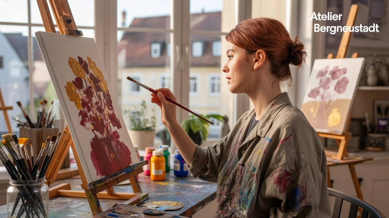 Eine Frau beim Malen in einem Atelier, die an einer Leinwand eine Blumenlandschaft in warmen Farben malt. Im Hintergrund sind weitere Leinwände, Pinsel und Farbflaschen zu sehen.