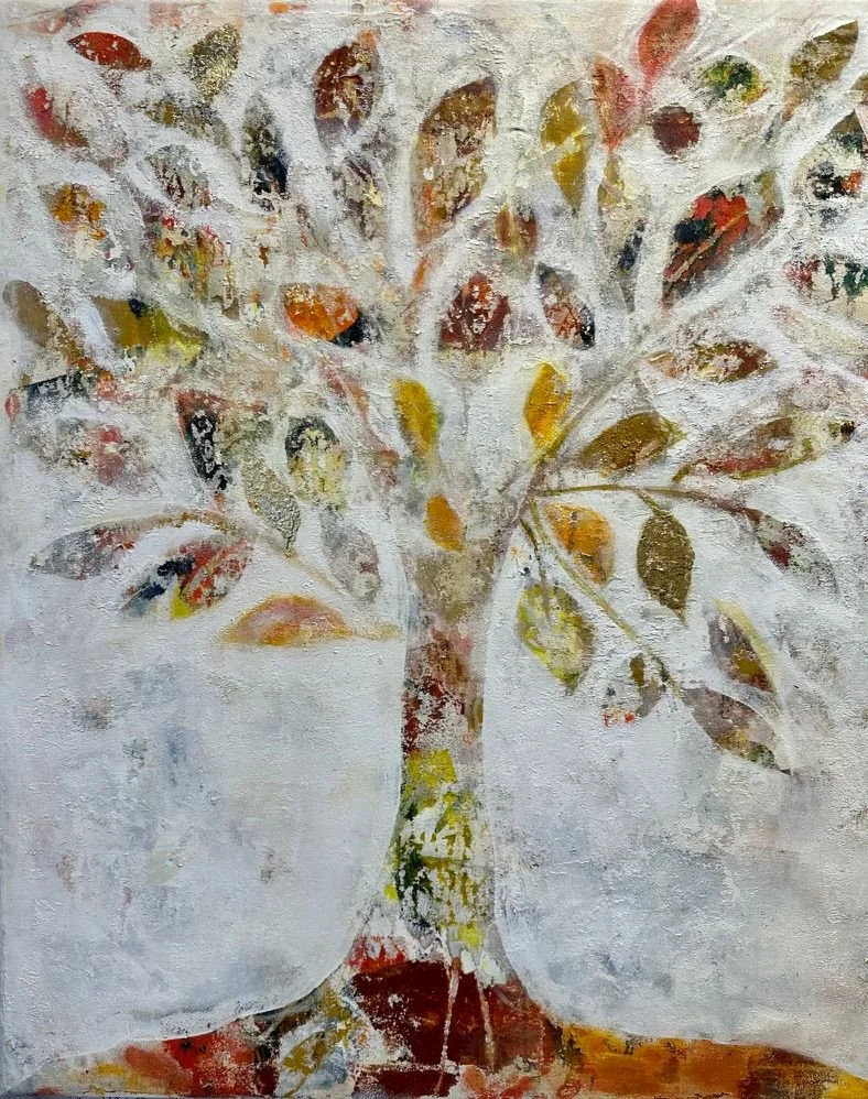 Abstraktes Gemälde eines Baumes mit bunten Blättern auf weißem Hintergrund.