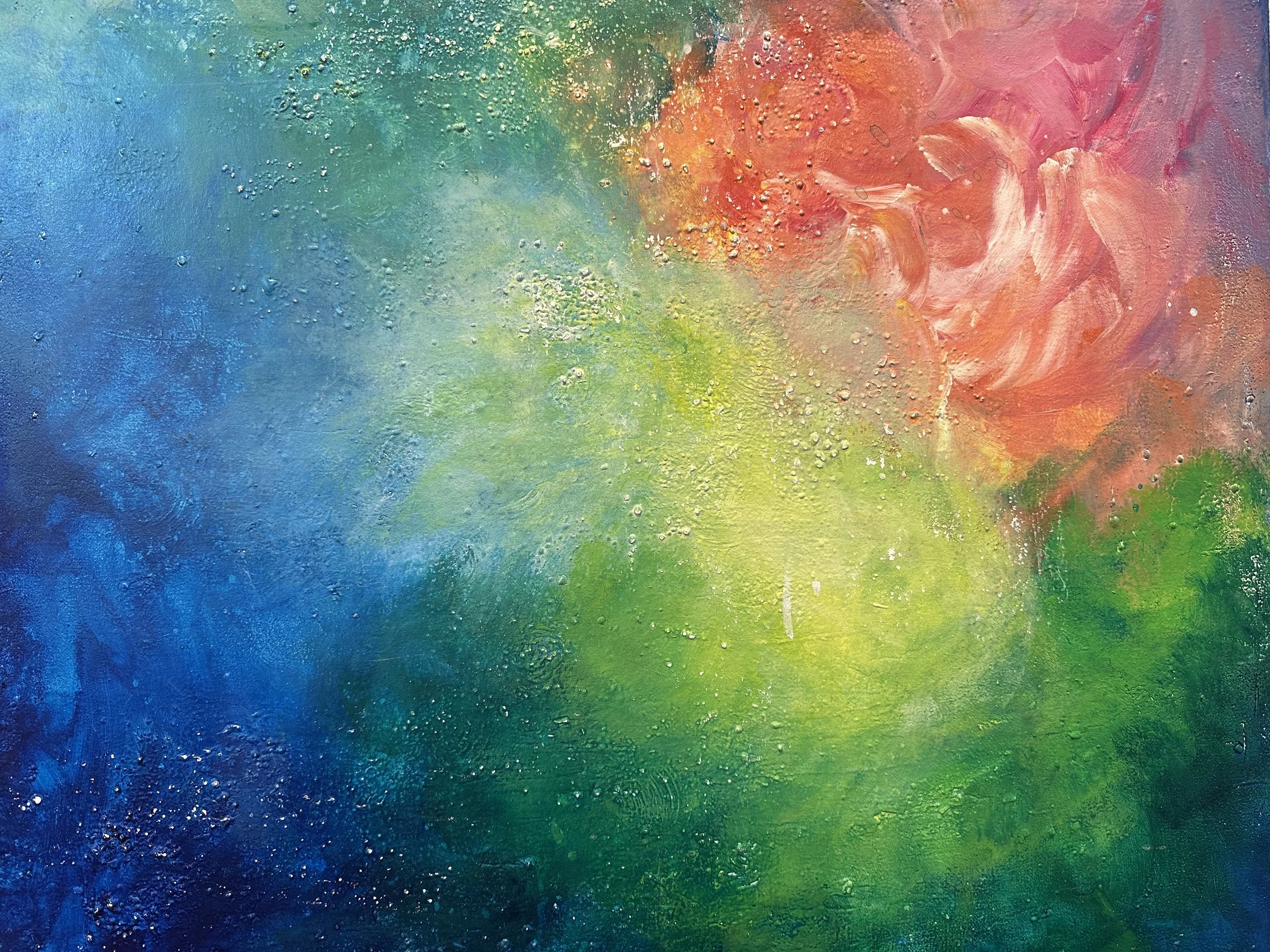 Abstrakte bunte Malerei mit Farbverläufen in Blau, Grün, Gelb, Orange und Rosa, mit Textur und kleinen Details.