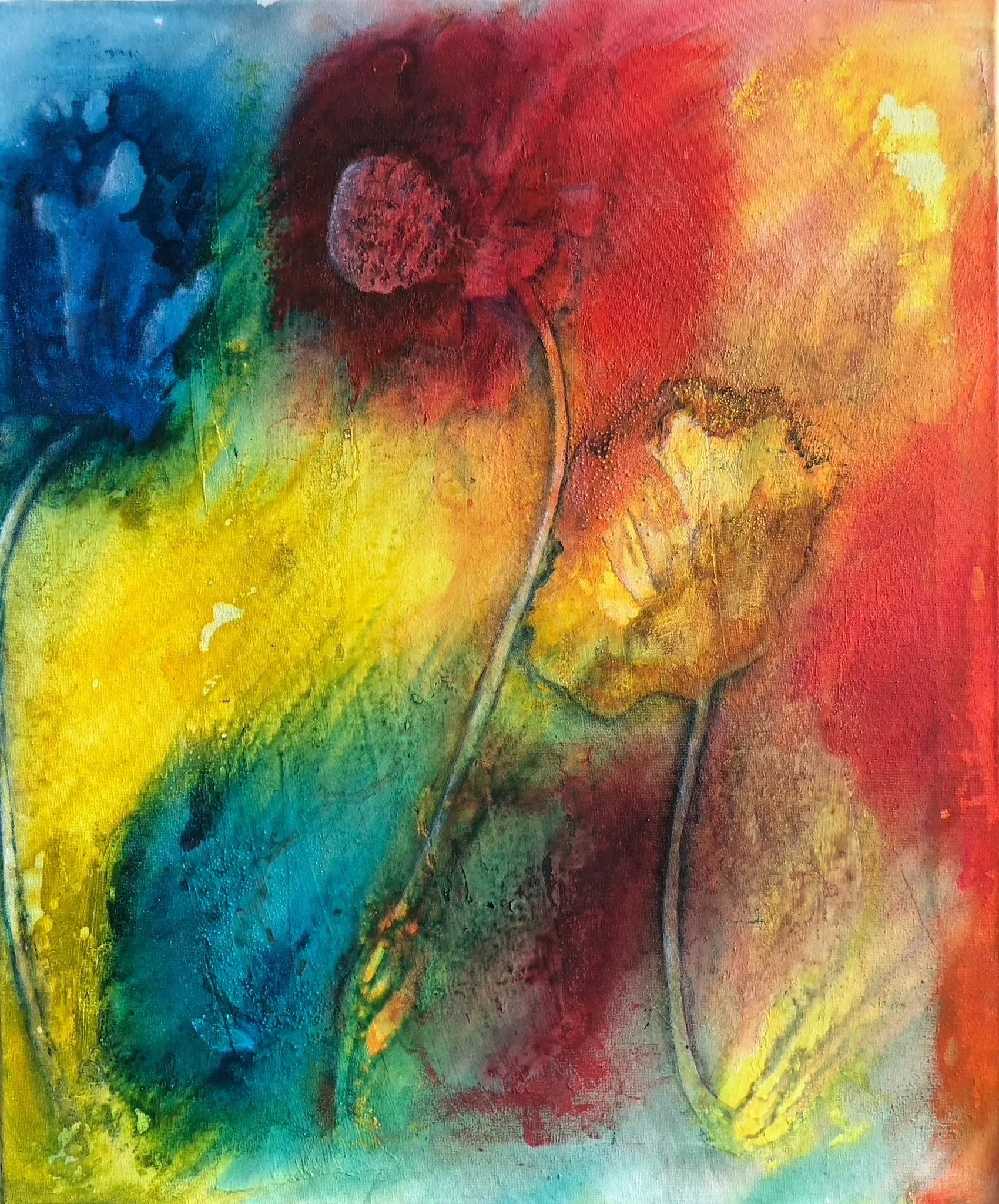 Abstraktes Gemälde mit bunten Blumen in Rot, Blau, Gelb, Grün und Orange.