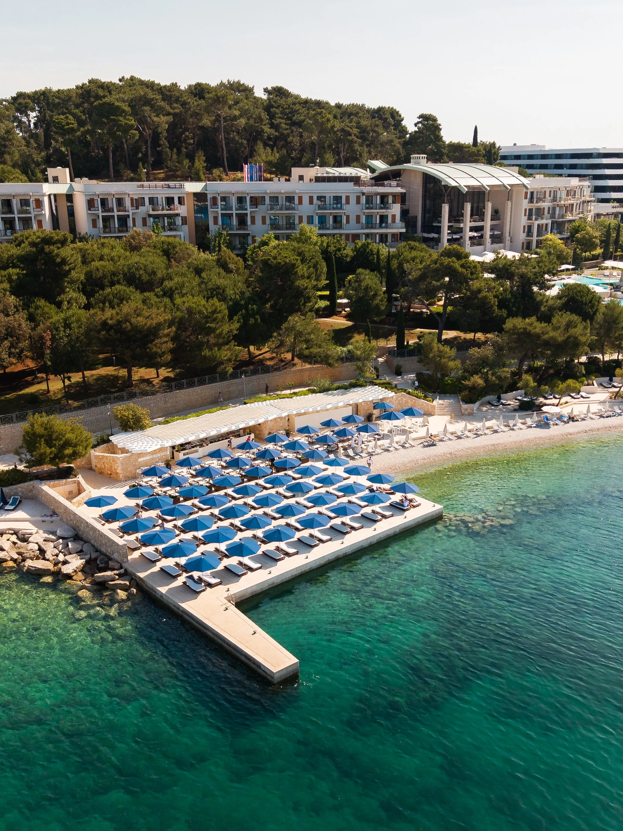 Mulini Beach in Rovinj, Croatia - photographed on DJI AIR 3S on a sunny day in Croatia.