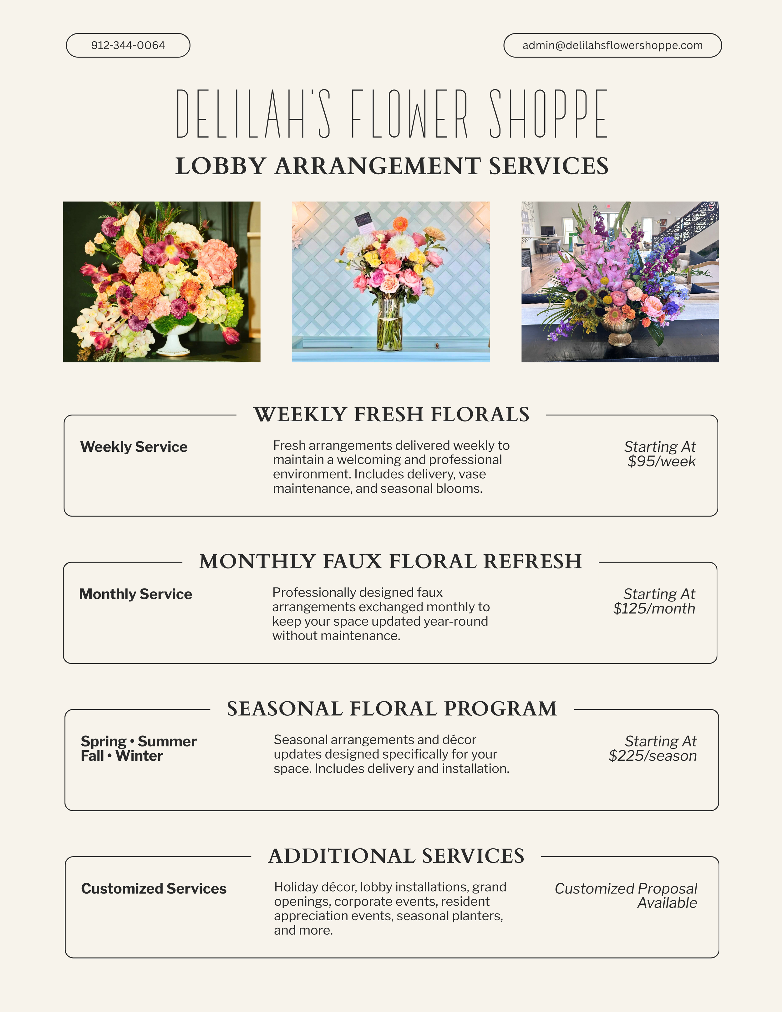 A flyer for Delilah's Flower Shoppe advertising lobby arrangement services, weekly fresh florals, seasonal floral programs, and additional services, with three images of floral arrangements.