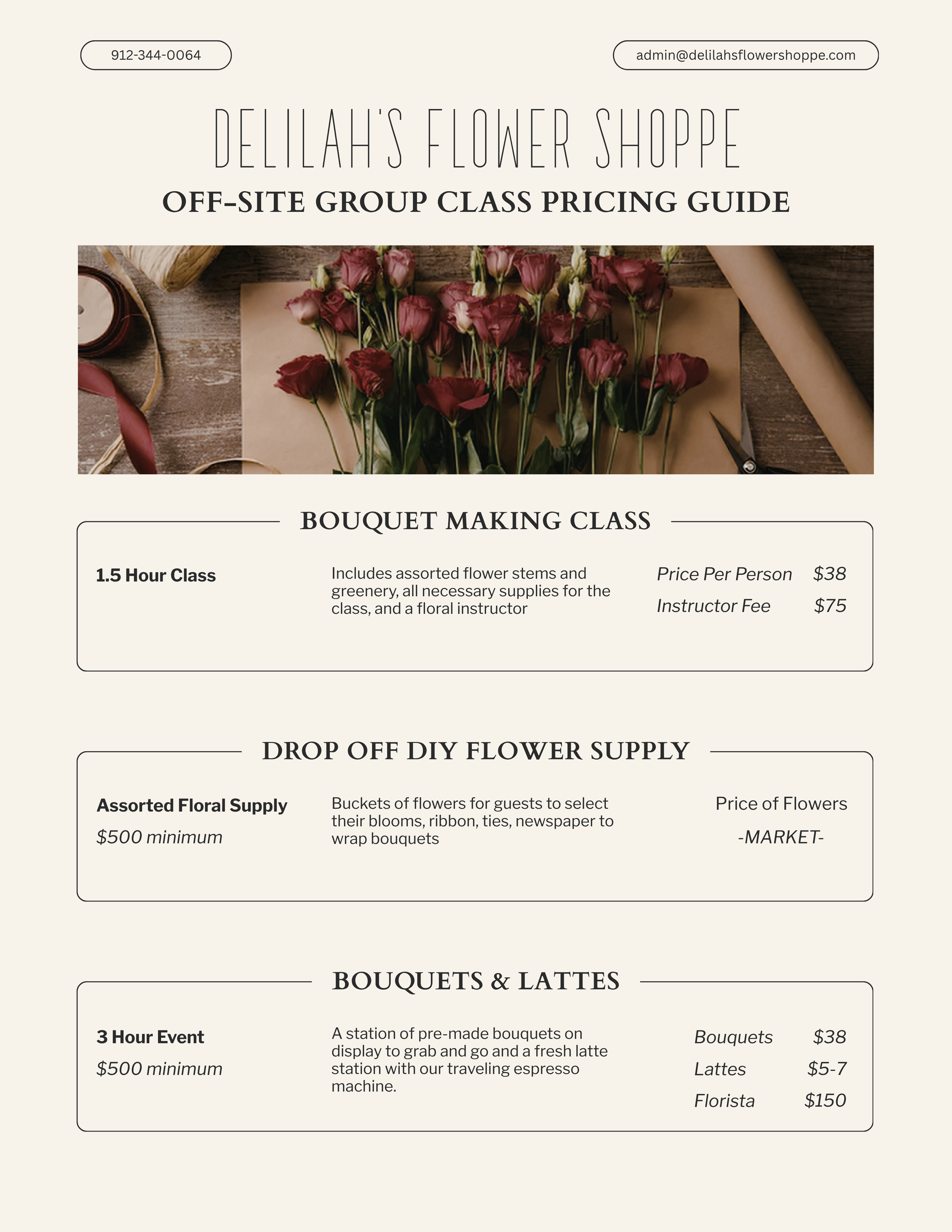 A business flyer for Delilah's Flower Shoppe advertising on-site group flower arranging classes and walk-in flower gift options, featuring a photo of pink and red flowers on a rustic wooden table.