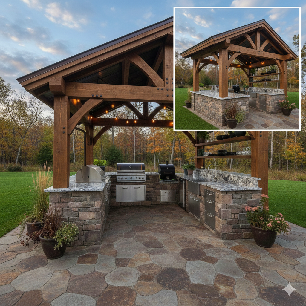 An image rendered of an outdoor kitchen with stone wrapped columns and large timber framed style. The paver patio and built in cooking appliances make a very practical and well-thought out design.