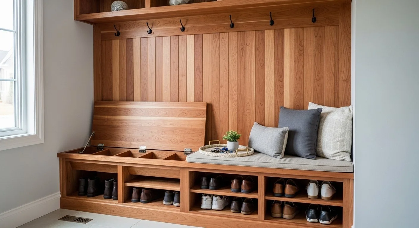 Built in entryway benches and storage. A great mudroom addition for practical shoe storage and getting kids ready to go.