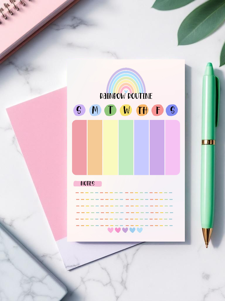 Rainbow Routine – 5x7 Weekly Visual Schedule Notepad | Colorful Habit Tracker for Kids & Adults