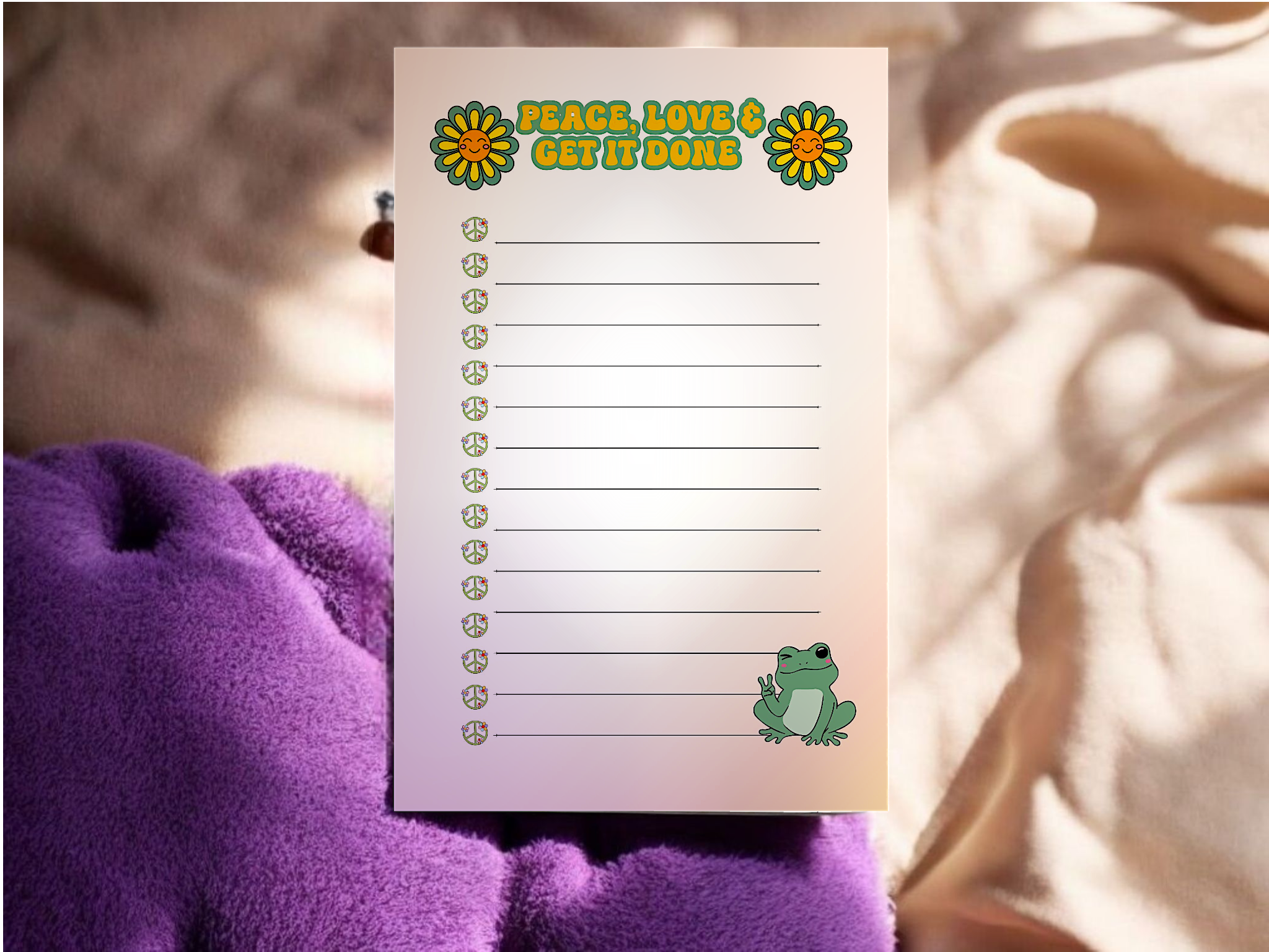 Peace, Love & Get It Done – 5x7 Retro To-Do List Notepad | Groovy Handmade Planner Pad with Frog Charm