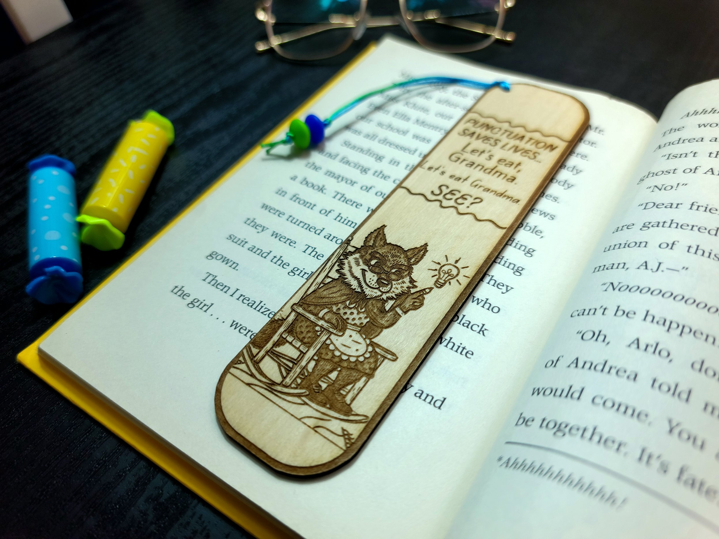 Funny Grammar Bookmark for Teachers & Book Lovers | Laser-Cut Wood, “Let’s Eat Grandma” Design