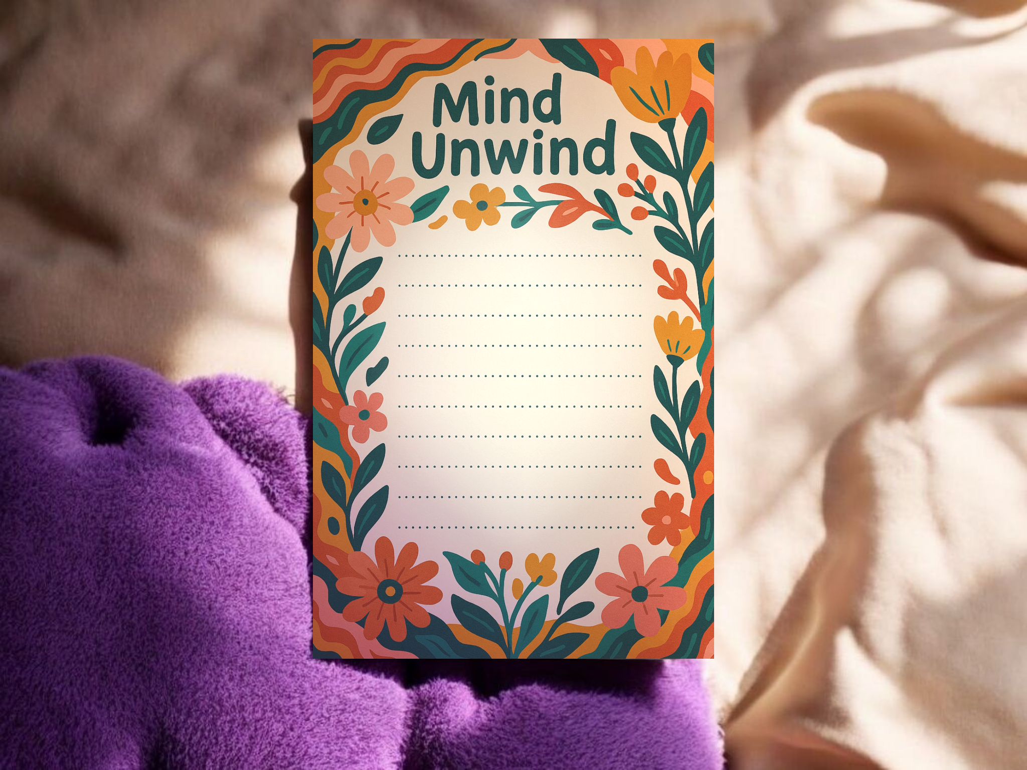 Mind Unwind Notepad – 5x7 Floral Daily Reflection Pad | Handmade Mental Wellness Stationery Gift