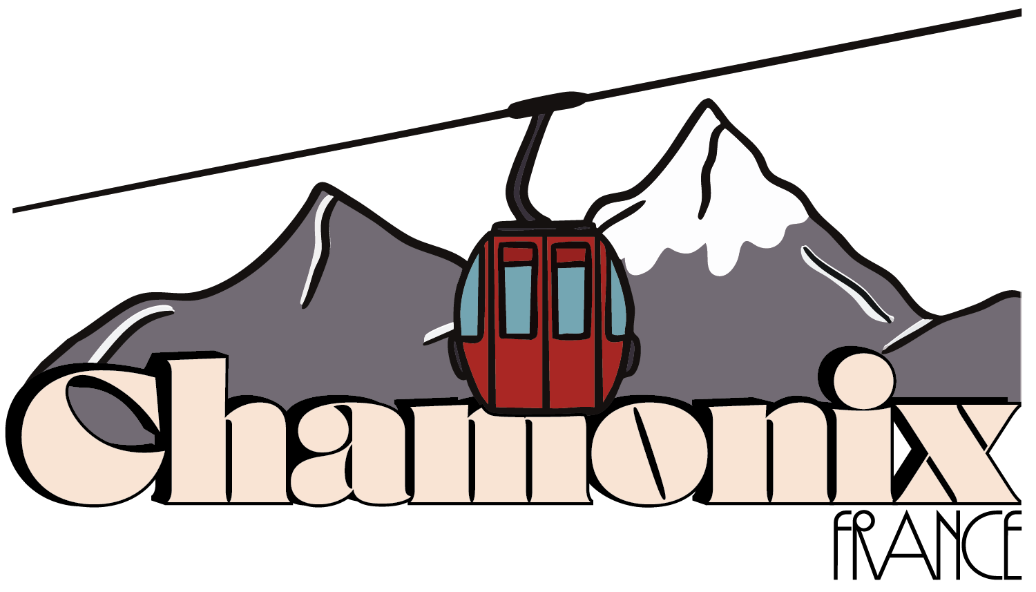 Illustration of the word 'Chamonix' with a cable car and mountain peaks in the background.