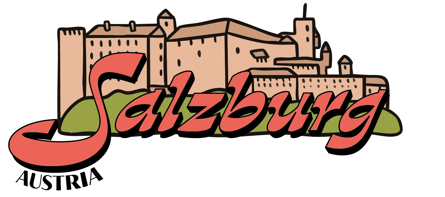 A cartoon illustration of a castle with the word 'Salzburg' in large, stylized red script font in front.