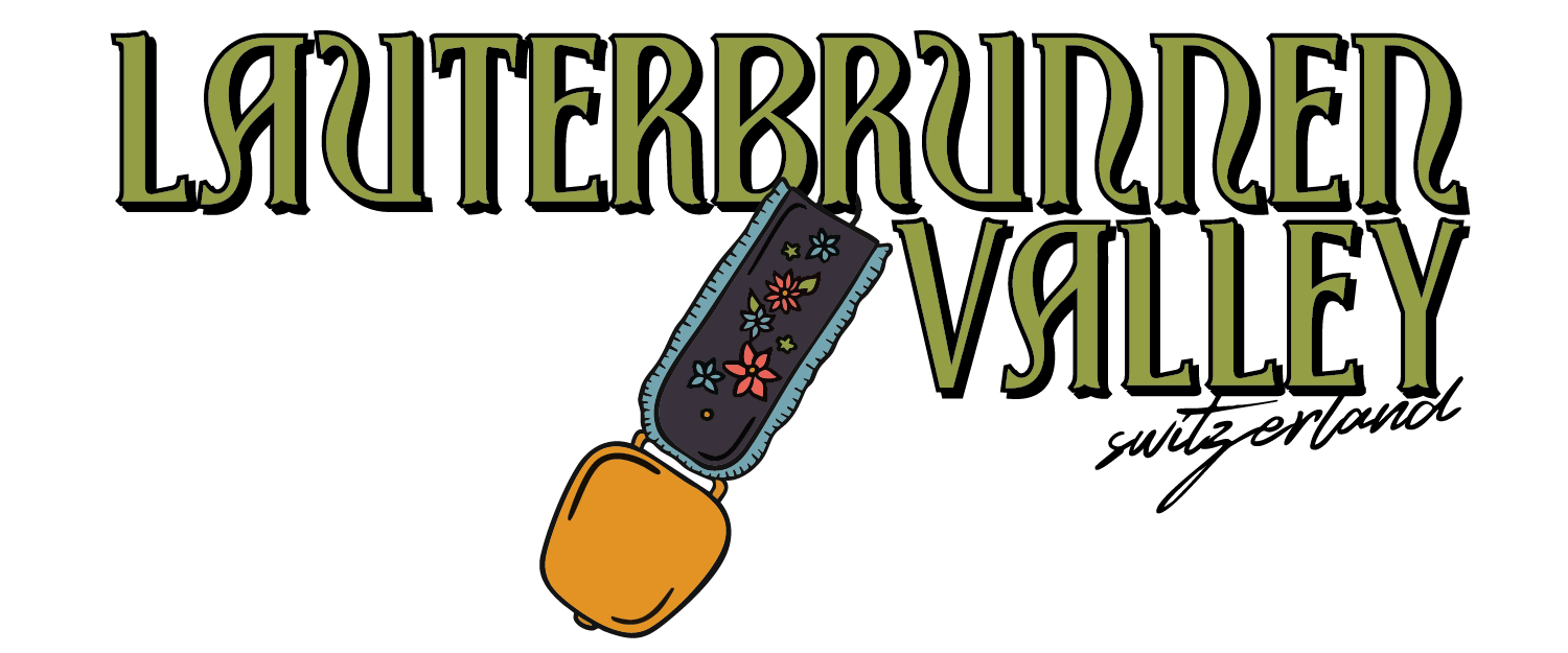 Text reads "Lauterbrunnen Valley" with a colorful illustration of a hiking boot with floral designs.
