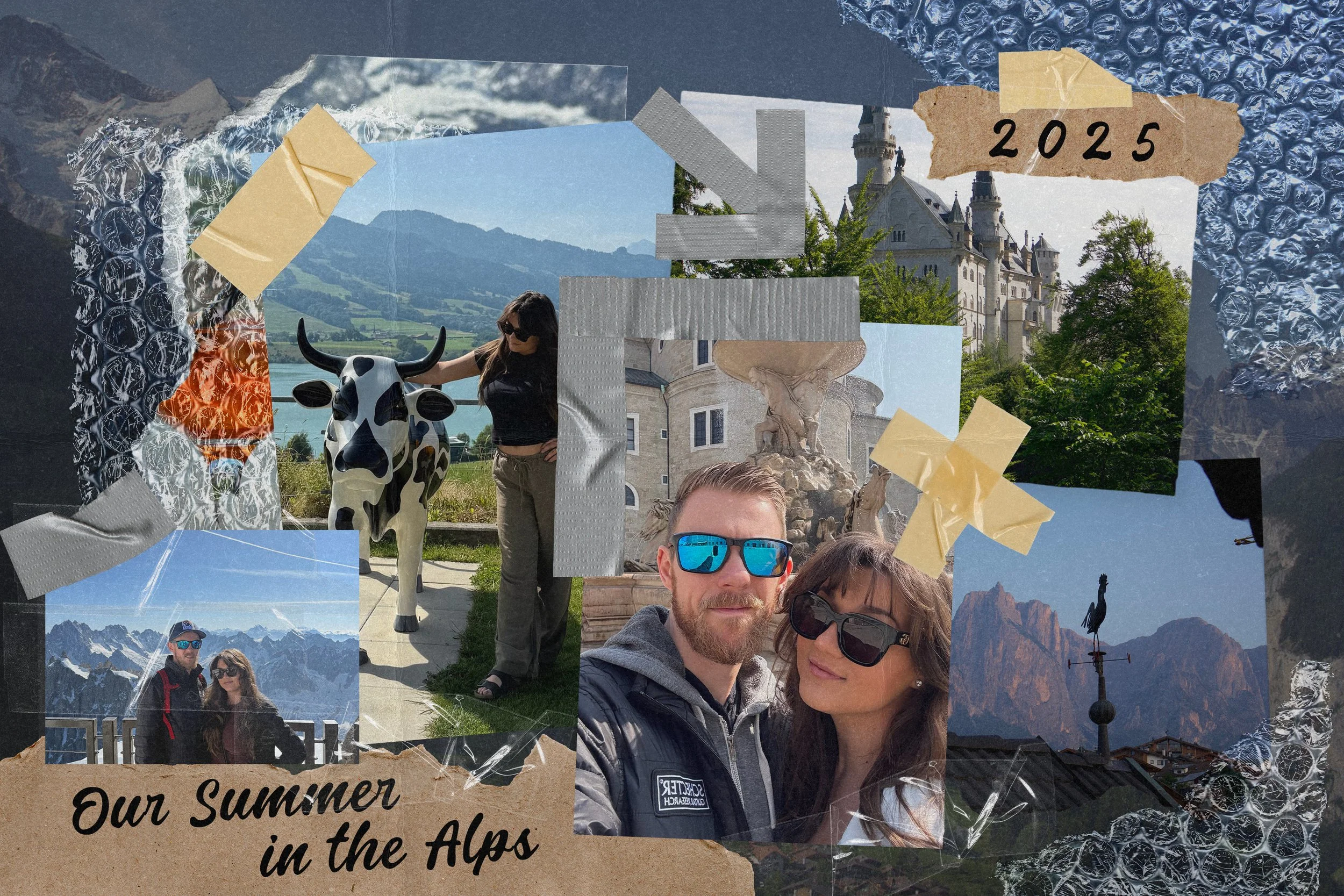 Collage of summer vacation photos in the Alps, including mountains, a castle, a fountain, a weather vane, a couple taking a selfie, a woman with a cow statue, and a scenic landscape, with text "Our Summer in the Alps" and the year "2025".