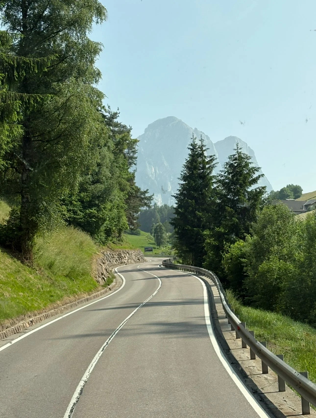 Winding mountain road with guardrail, surrounded by green trees and grass, with large mountain peaks in the background under a clear blue sky.