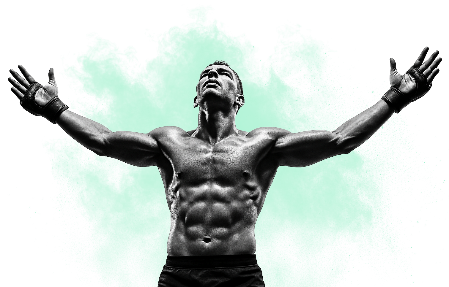 A muscular man with arms outstretched and head tilted back, shirtless against a light green background with paint splatter effects.