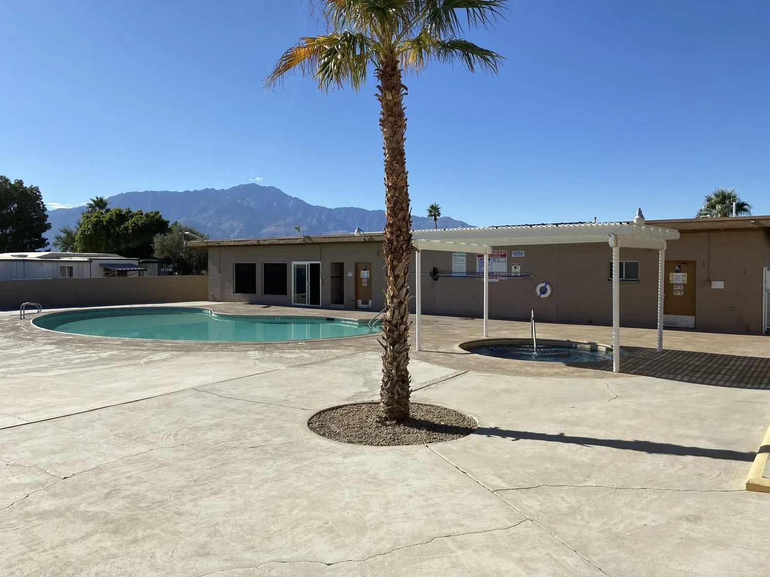 Outdoor swimming pool area with a palm tree, small pool, and mountains in the background.