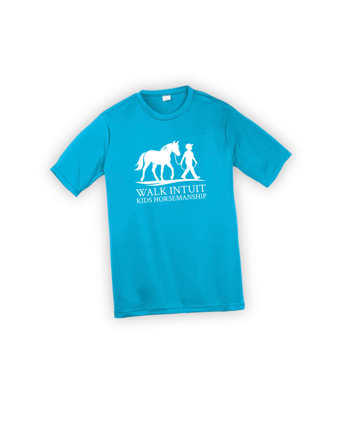 Blue T-shirt with white graphic of a horse and a person walking, and text that reads "Walk Intuit Kids Horsemanship."