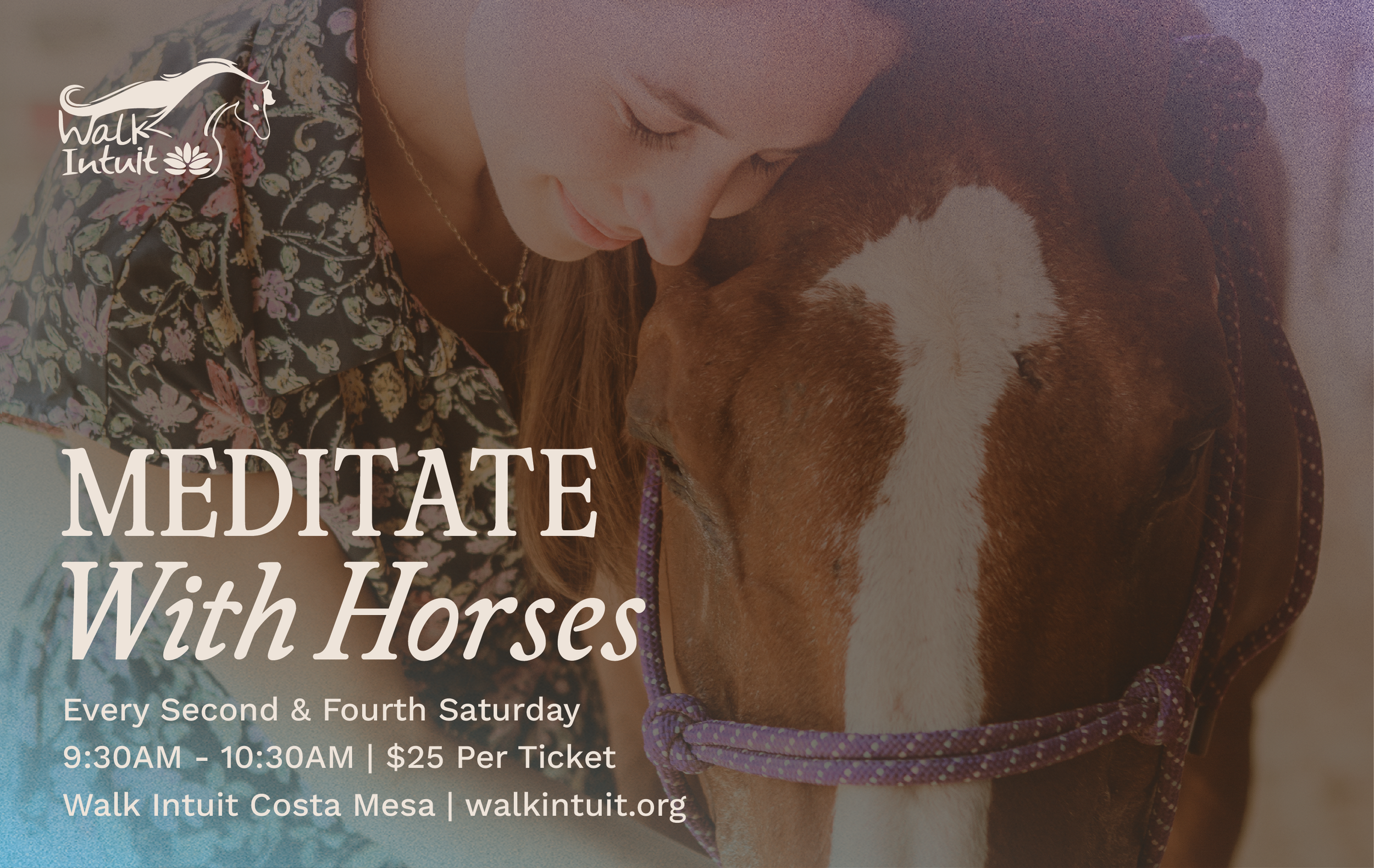 Woman resting her forehead against a horse's face during Meditate With Horses at Walk Intuit in Costa Mesa
