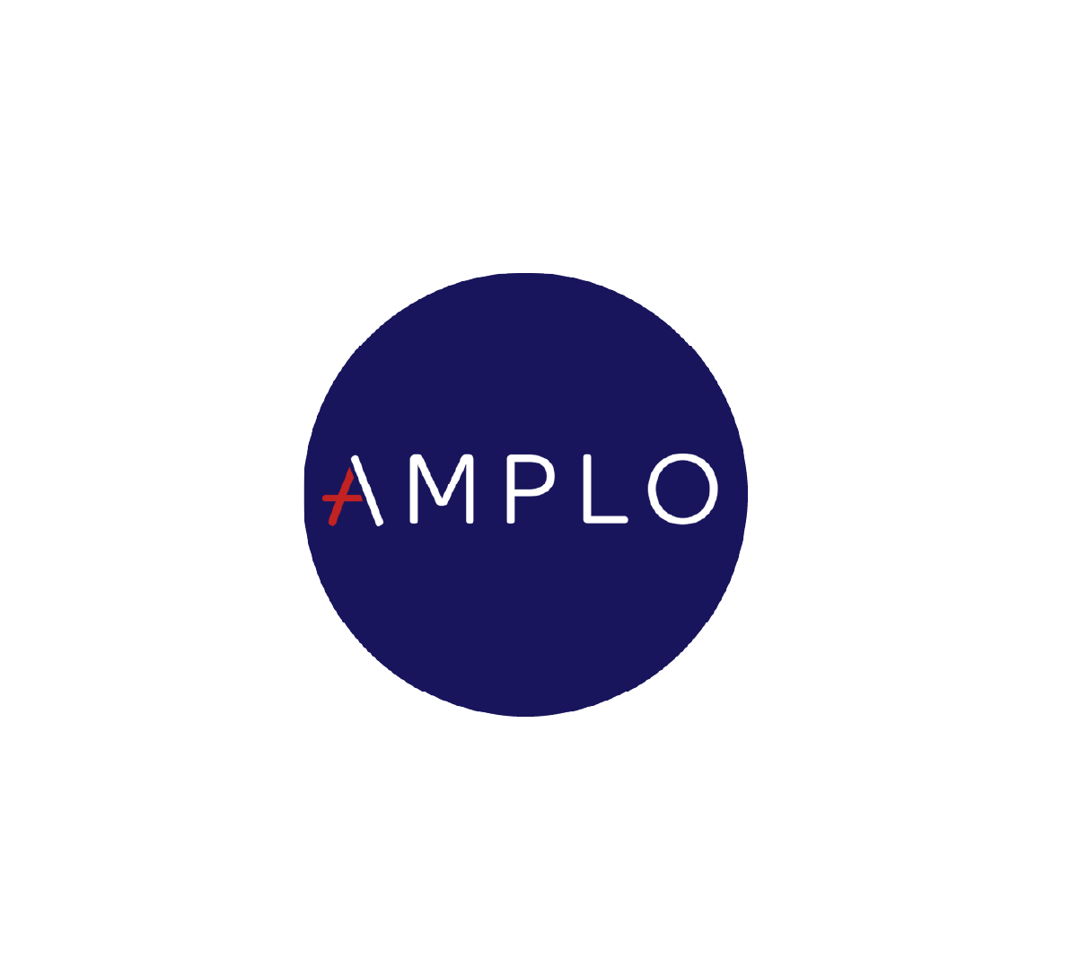 A dark blue circle with the word 'AMPL' in white letters and a red slash through the ‘A’