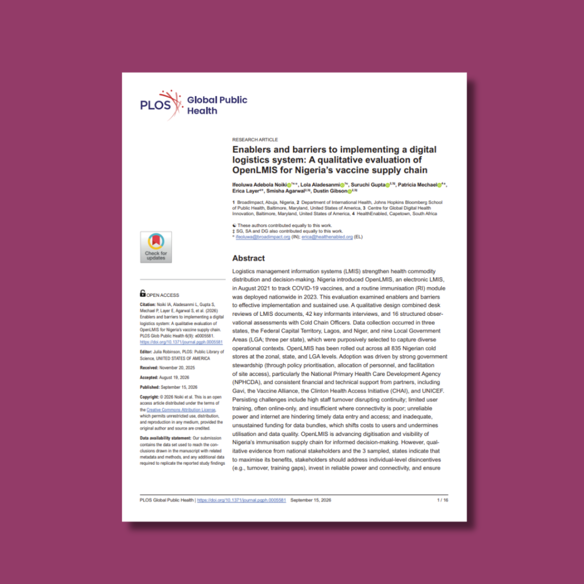 Enablers and barriers to implementing a digital logistics system: A qualitative evaluation of OpenLMIS for Nigeria’s vaccine supply chain