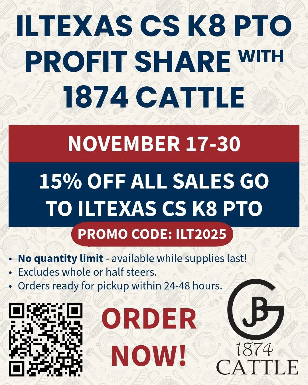 🥩 Support ILTexas CS K8 PTO &amp; Stock Your Freezer! 🥩

We&rsquo;re teaming up with 1874 Cattle for a special Profit Share Event!
📅 November 17&ndash;30
💰 15% of all sales go to ILTexas CS K8 PTO

👉 Use promo code ILT2025 at checkout.
🚫 Exclud