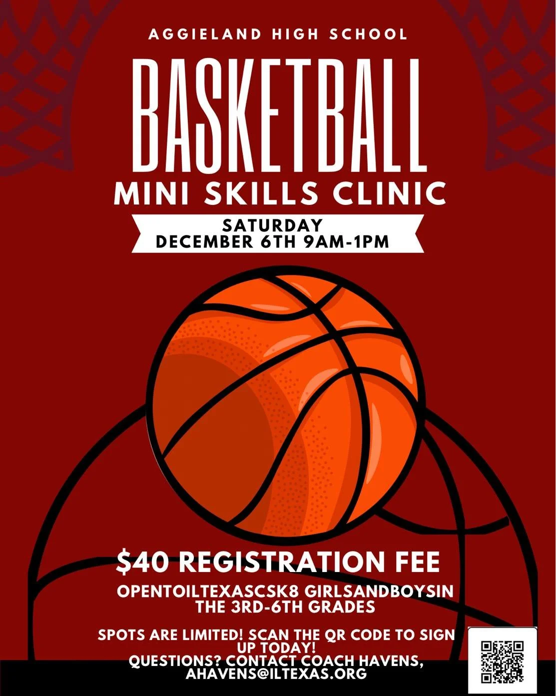 🏀 Calling all 3rd&ndash;6th grade Eagles!
Our Aggieland High School basketball teams are hosting a Mini Skills Clinic on Saturday, December 6th from 9AM&ndash;1PM for students who want to grow their skills and confidence on the court.

Spots are lim