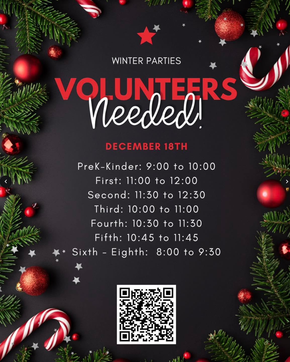 🎄✨ Volunteers Needed for Winter Parties! ✨🎄

We&rsquo;re getting ready to celebrate the season, and we need YOUR help to make our Winter Parties on December 18th magical for our students! ❤️

Each grade level has its own party time, so there&rsquo;