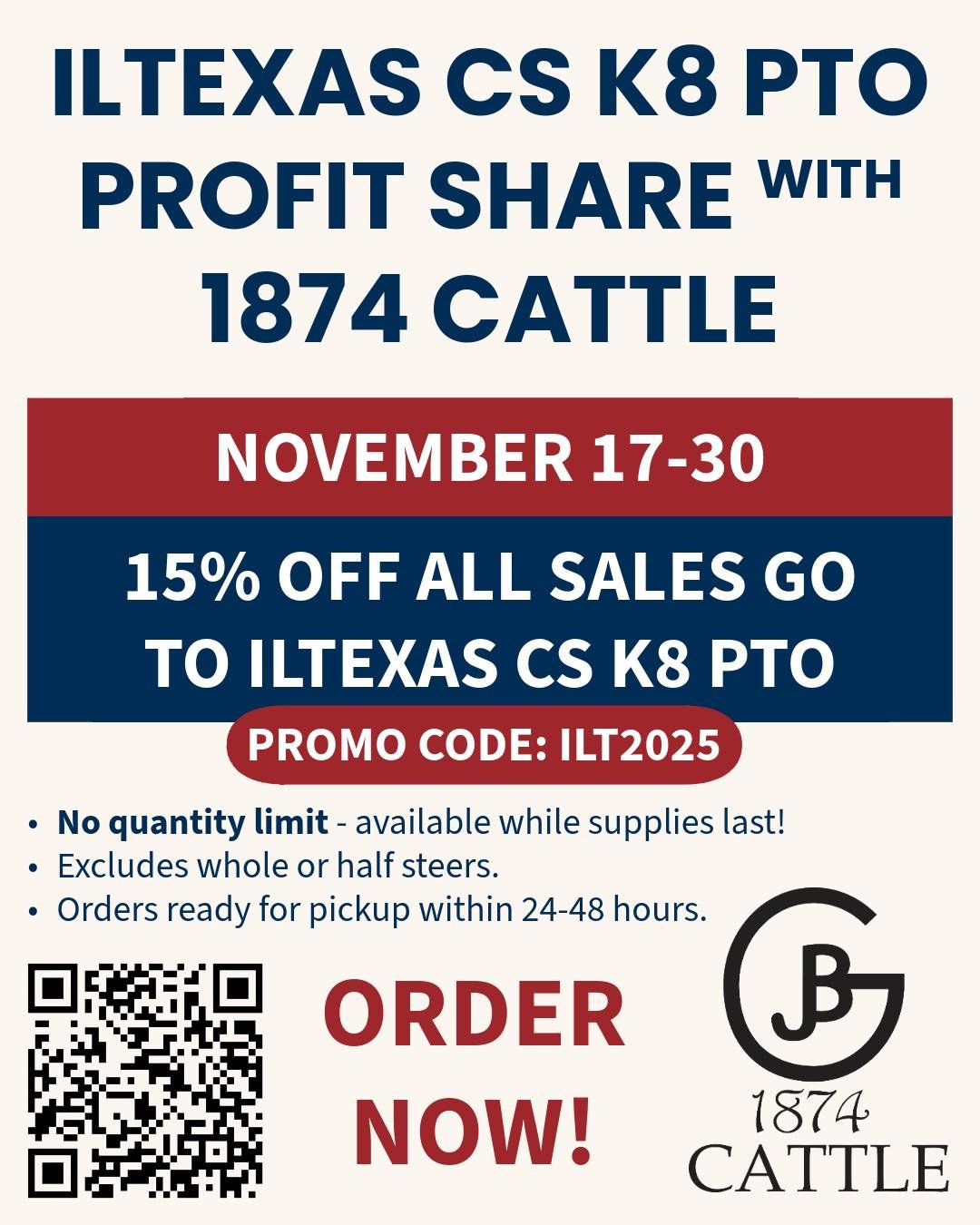 🚨 TODAY&rsquo;S THE DAY! 🚨
Our 1874 Cattle Profit Share starts NOW!

🥩 15% back to PTO
🗓️ Nov 17&ndash;30
💻 Code: ILT2025
📦 Ready in 24&ndash;48 hours

Order here ➡️ https://tr.ee/1874CattleProfitShare

Stock up &amp; support ILTexas CS K8! 💙?
