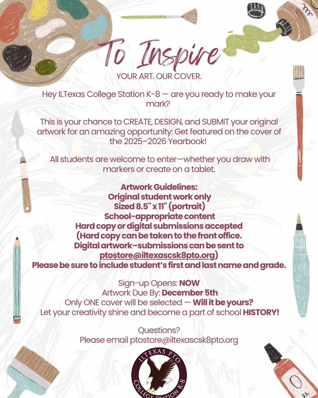 🎨 Don&rsquo;t forget &mdash; there is still time to enter your artwork! 🎨
ILTexas College Station K&ndash;8 students, we want to see your creativity shine! 🌟

Submit your original design for a chance to be featured on the 2025&ndash;2026 Yearbook 