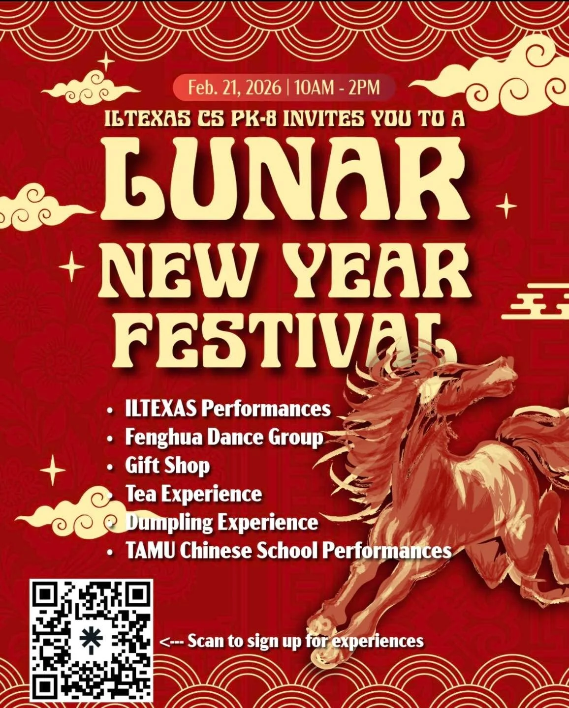 🎊🐉 Join us for a celebration full of culture, tradition, and fun!
ILTexas CS PK&ndash;8 invites you to our Lunar New Year Festival on February 21, 2026 | 10AM&ndash;2PM 🌙✨

Enjoy:
🥁 ILTexas student performances
💃 Fenghua Dance Group
🎁 Gift shop