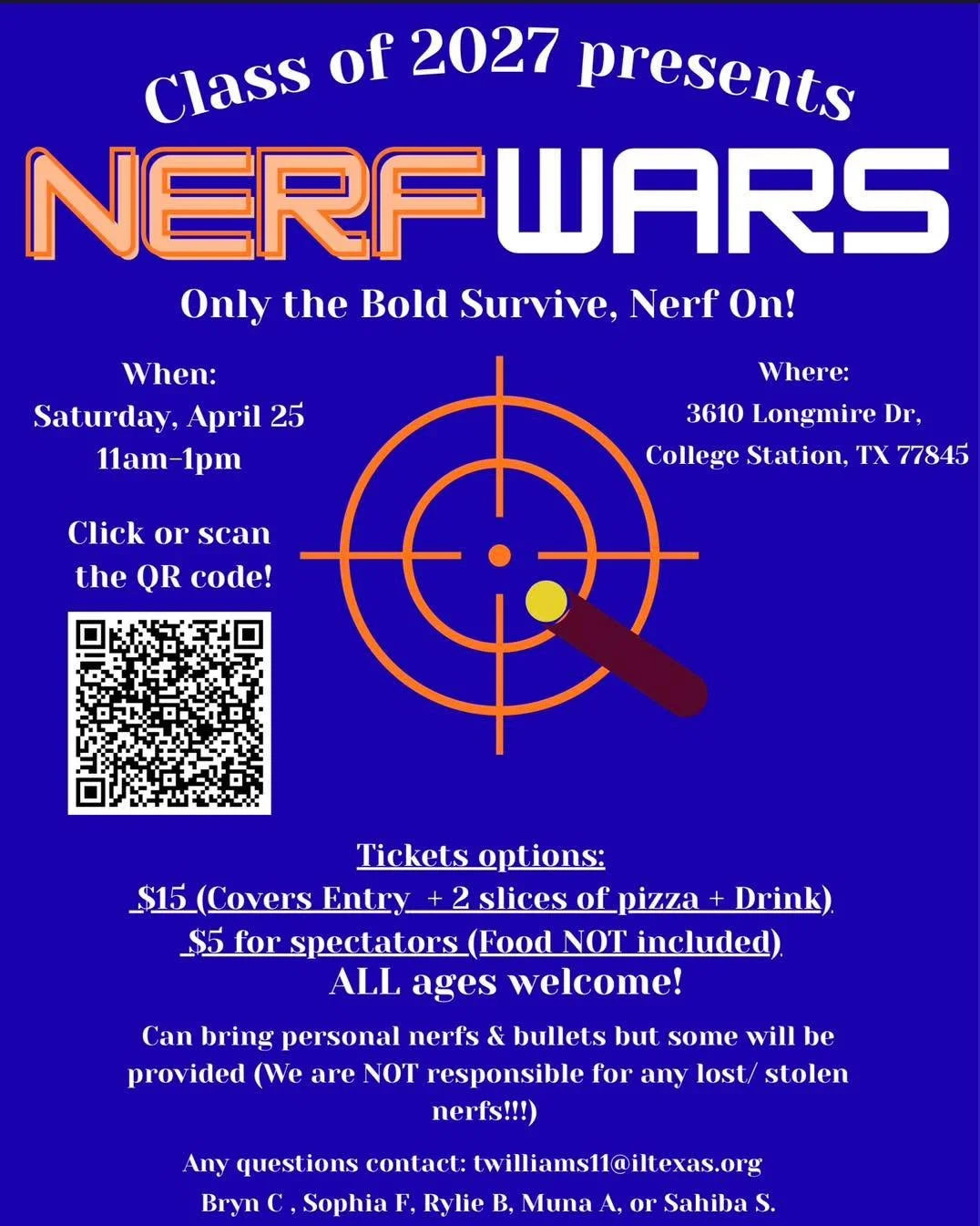 🎯 NERF WARS IS COMING! 🎯

The Class of 2027 is bringing the action&mdash;are you ready? 💥

🗓 Saturday, April 25
⏰ 11AM&ndash;1PM
📍 3610 Longmire Dr, College Station

Grab your friends and join us for an epic Nerf battle where only the bold survi