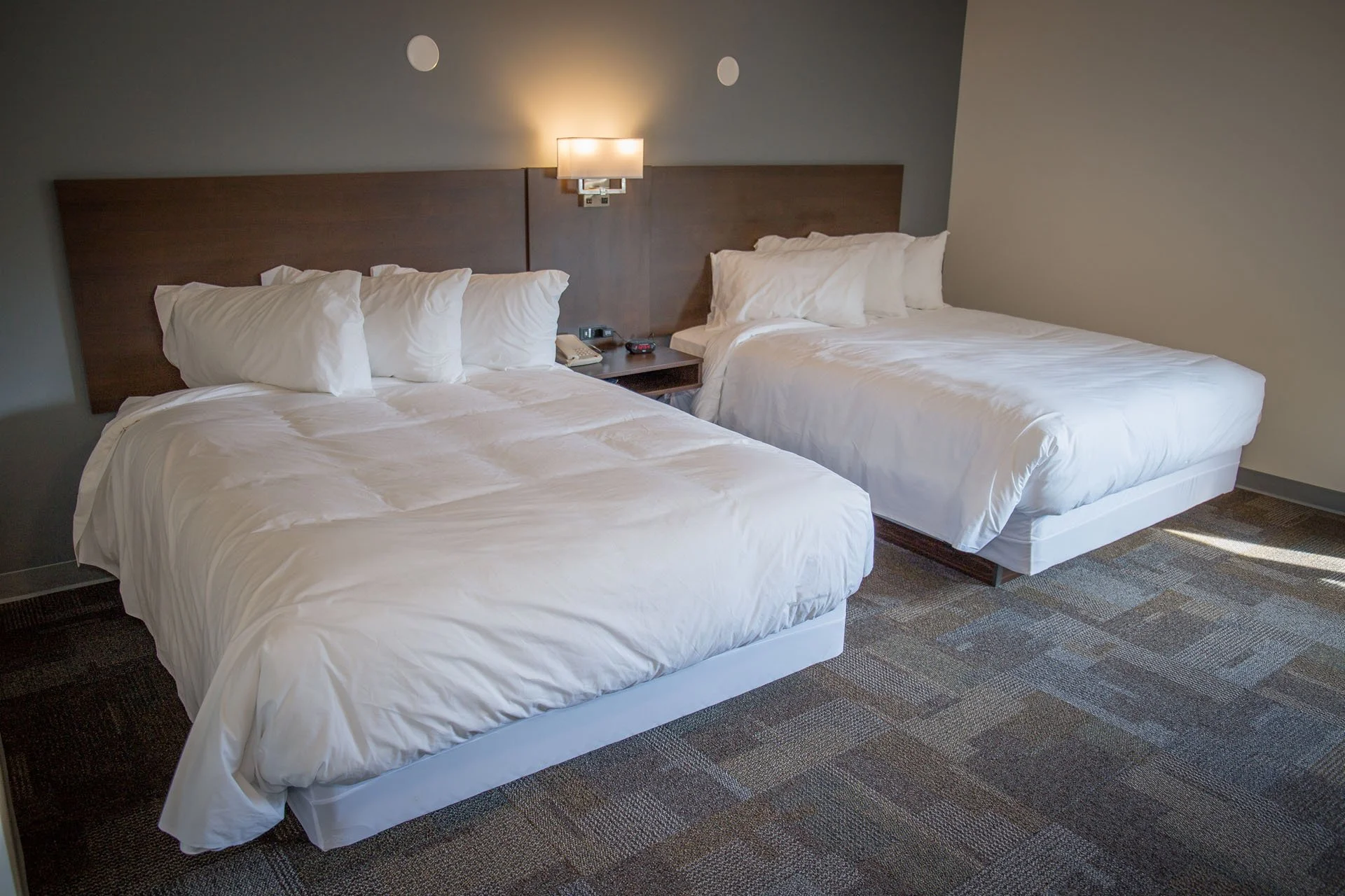 Two double beds with white linens and pillows in a hotel room, headboards, nightstand with a lamp, phone, remote, and clock, carpeted floor, light-colored walls.