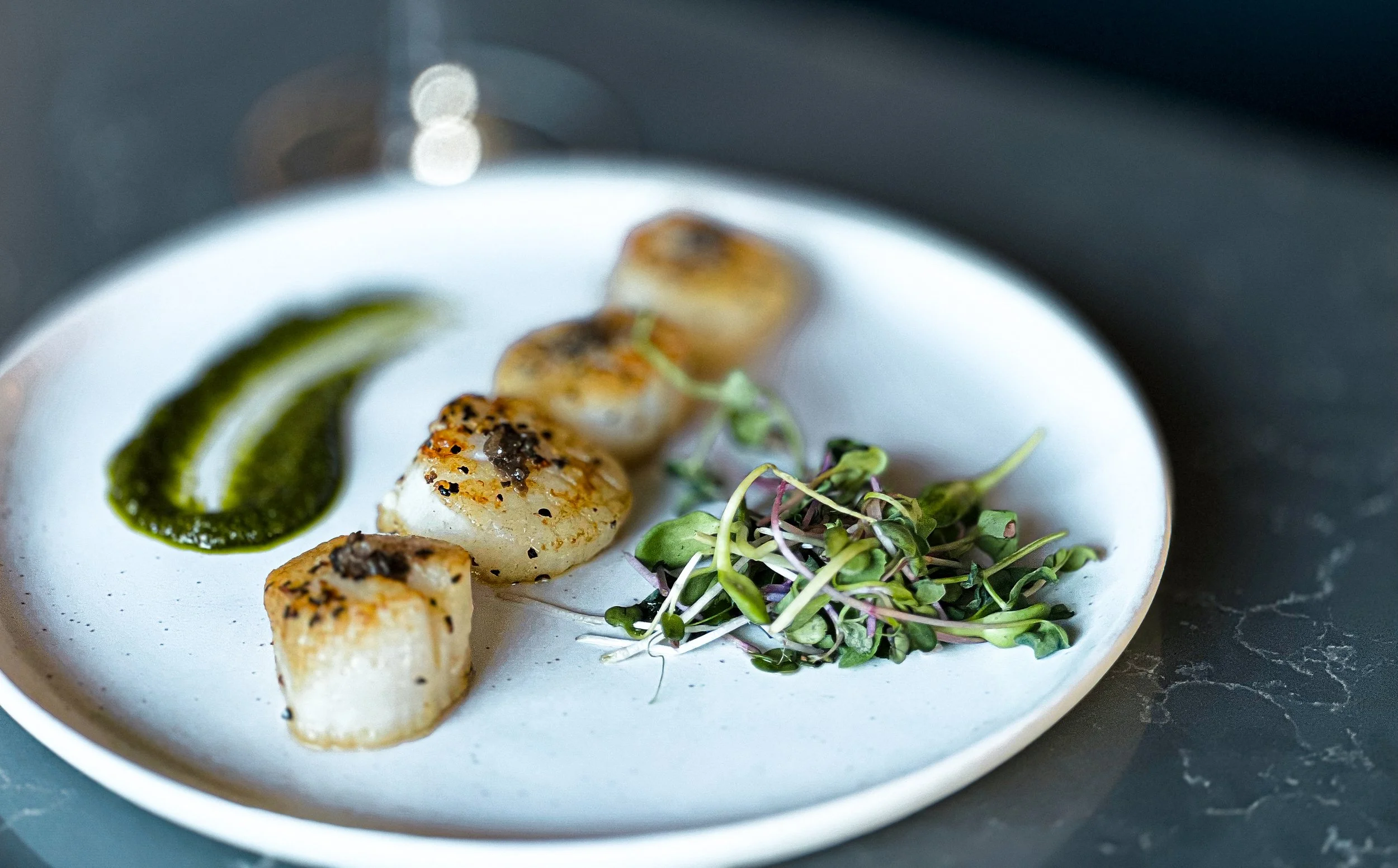 A white plate with seared scallops garnished with herbs, a smear of green sauce, and microgreens on a dark surface.