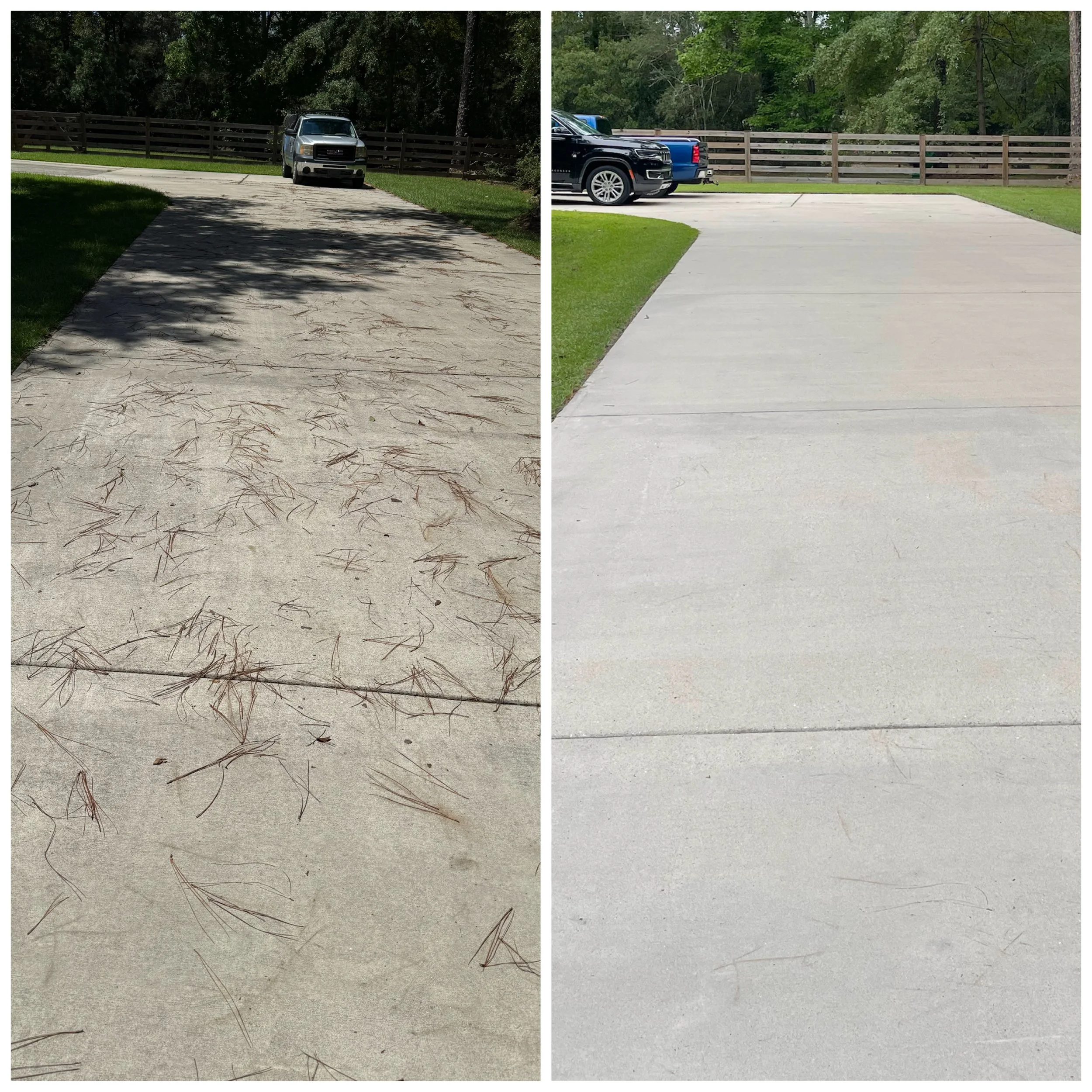 Comparison of a concrete driveway with fallen leaves and twigs on the left side, and a clean, cleared concrete driveway with a grassy border on the right side, separated by a vertical line.