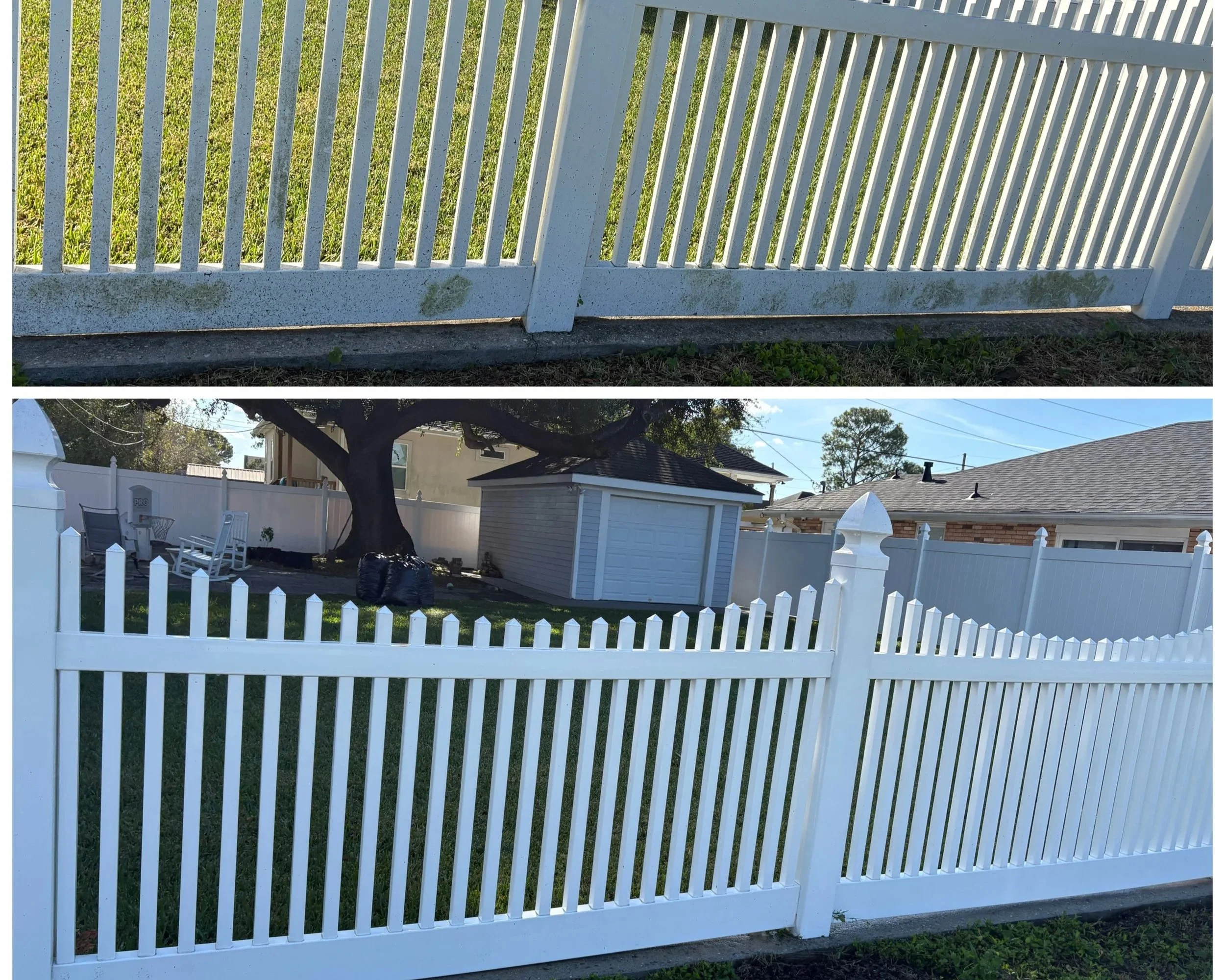 Comparison of a dirty white vinyl fence close-up in the top image and a clean white vinyl fence in the bottom image, with a backyard scene including a tree, chair, and shed behind the fence.