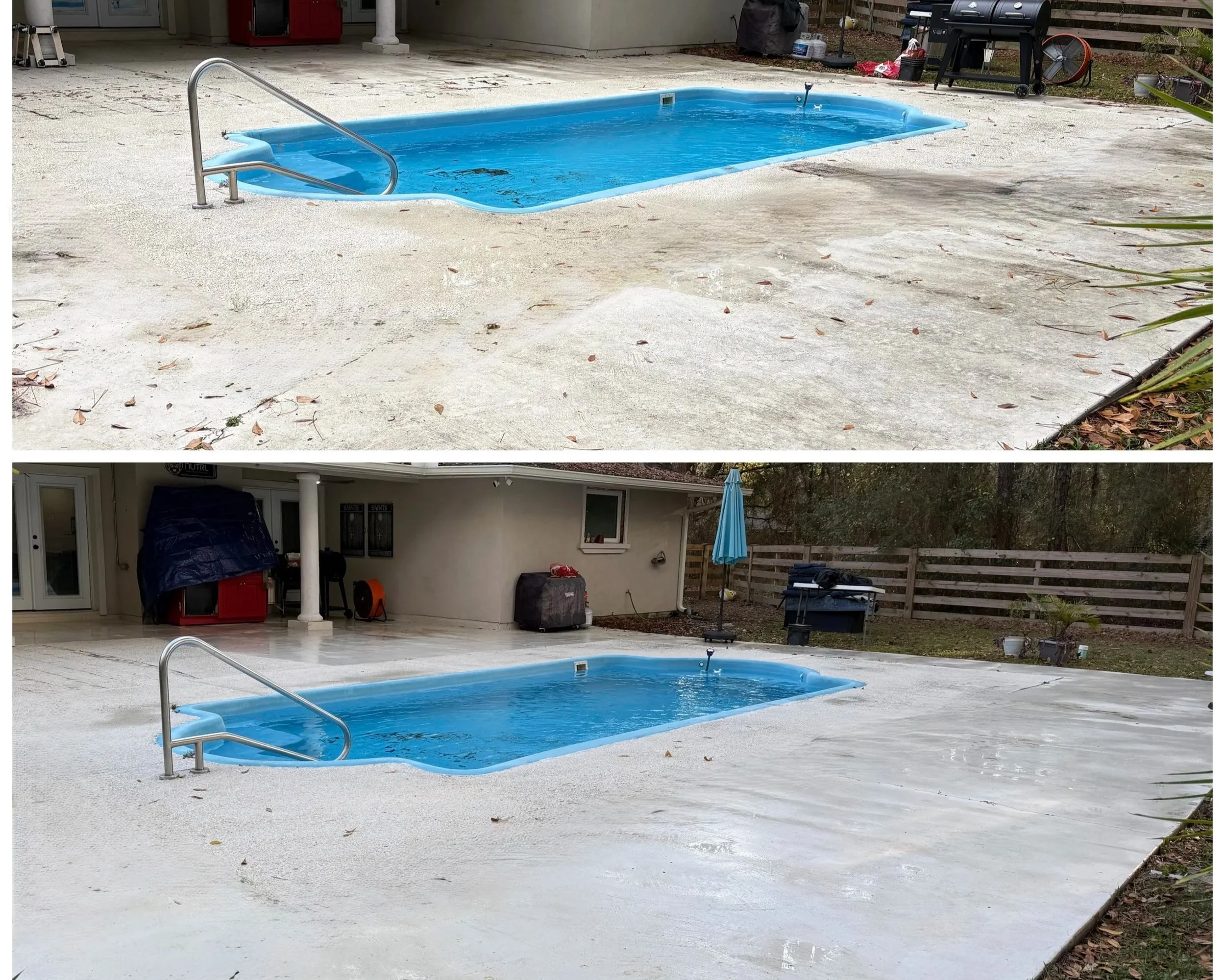 Side-by-side comparison of a backyard swimming pool area before and after cleaning. The top image shows a dirty pool with cloudy water and debris, while the bottom image depicts the pool with clear water and a clean concrete deck.