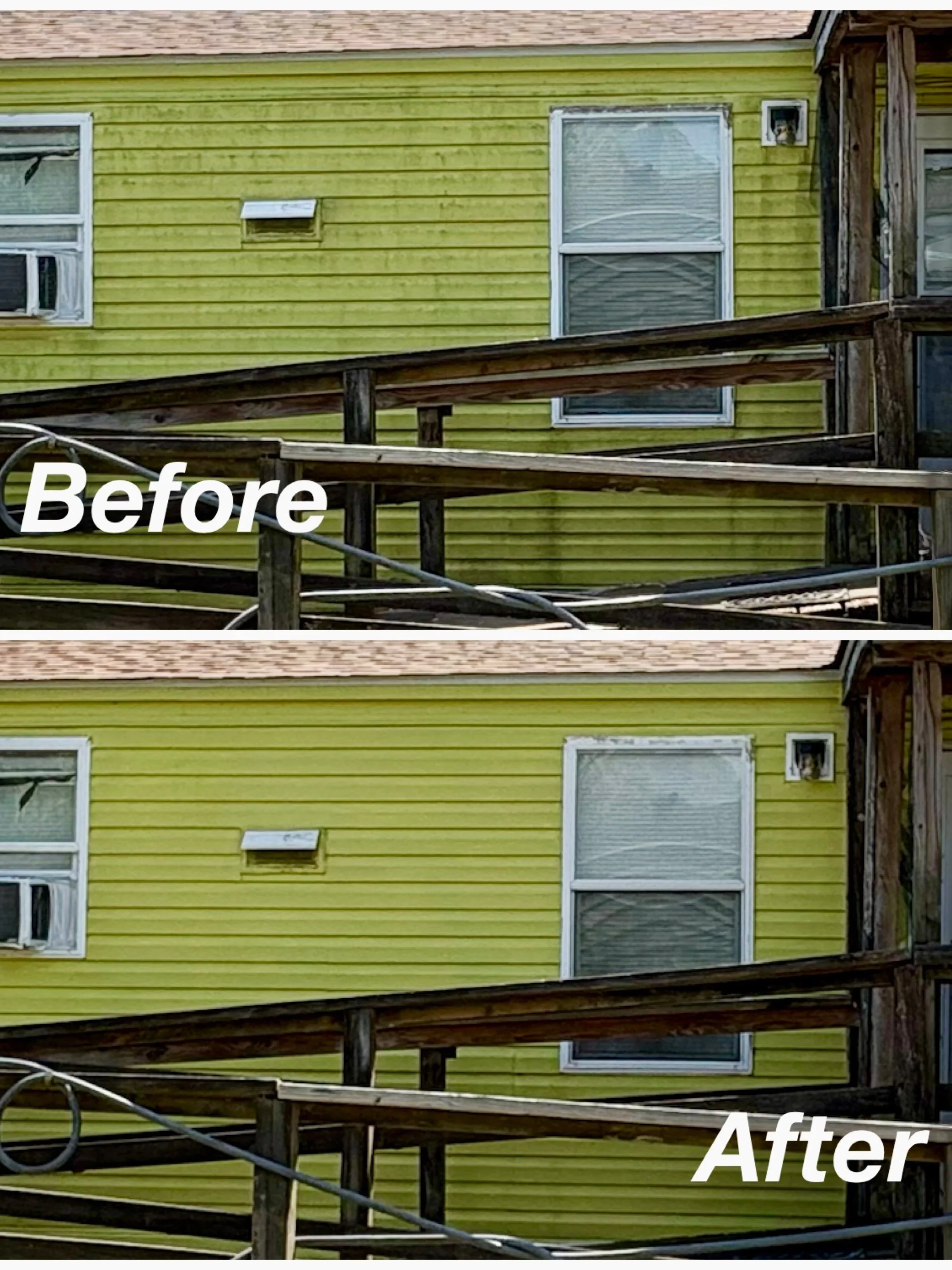 Side-by-side comparison of the exterior of a yellow house. The top image labeled 'Before' shows the house's siding with dirt stains. The bottom image labeled 'After' shows the same house with cleaned siding.