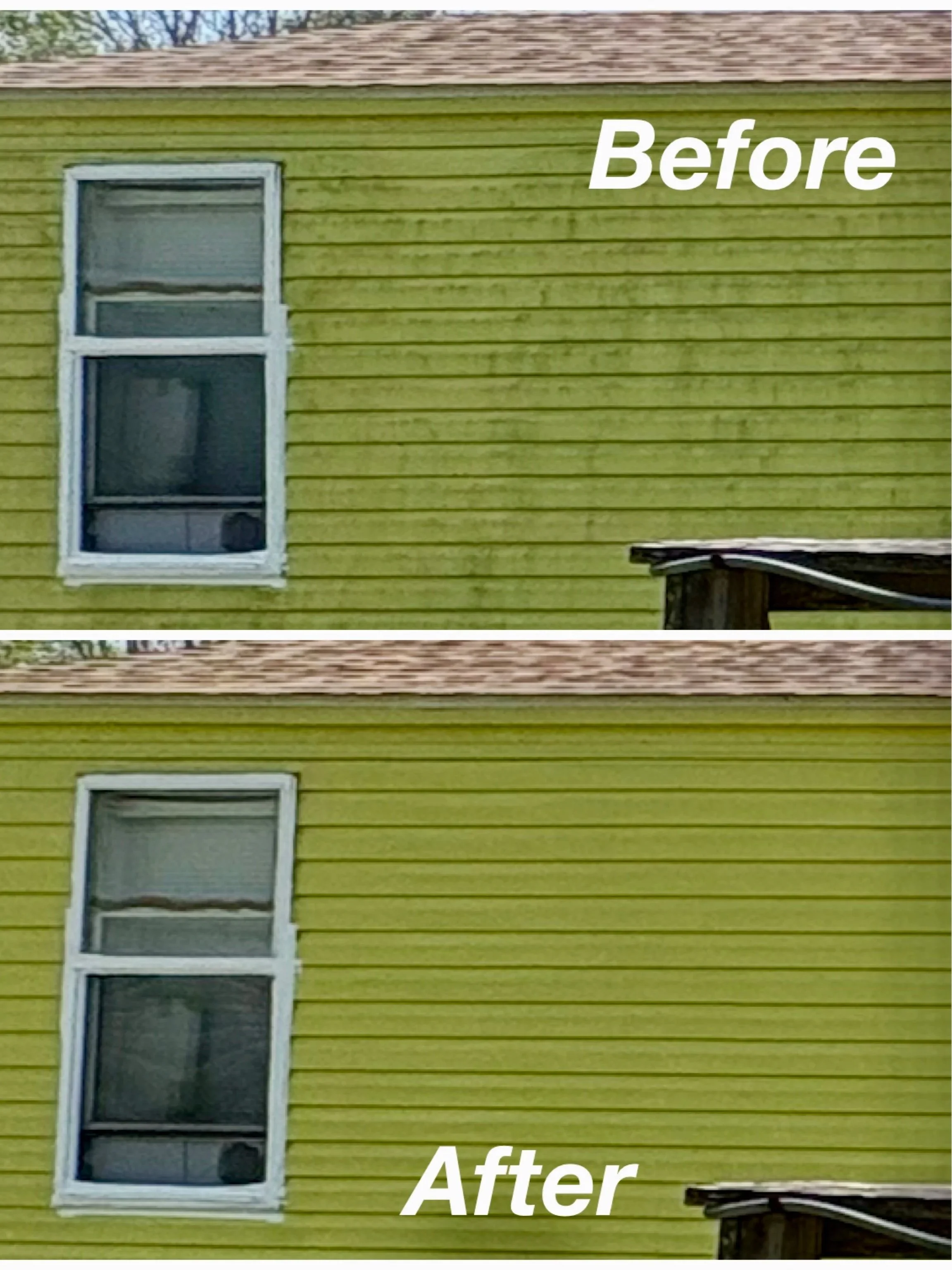 Side-by-side comparison of the exterior of a yellow house with a single double-hung window. The top image labeled 'Before' shows the house's siding with dirt stains. The bottom image labeled 'After' shows the same house with cleaned siding.