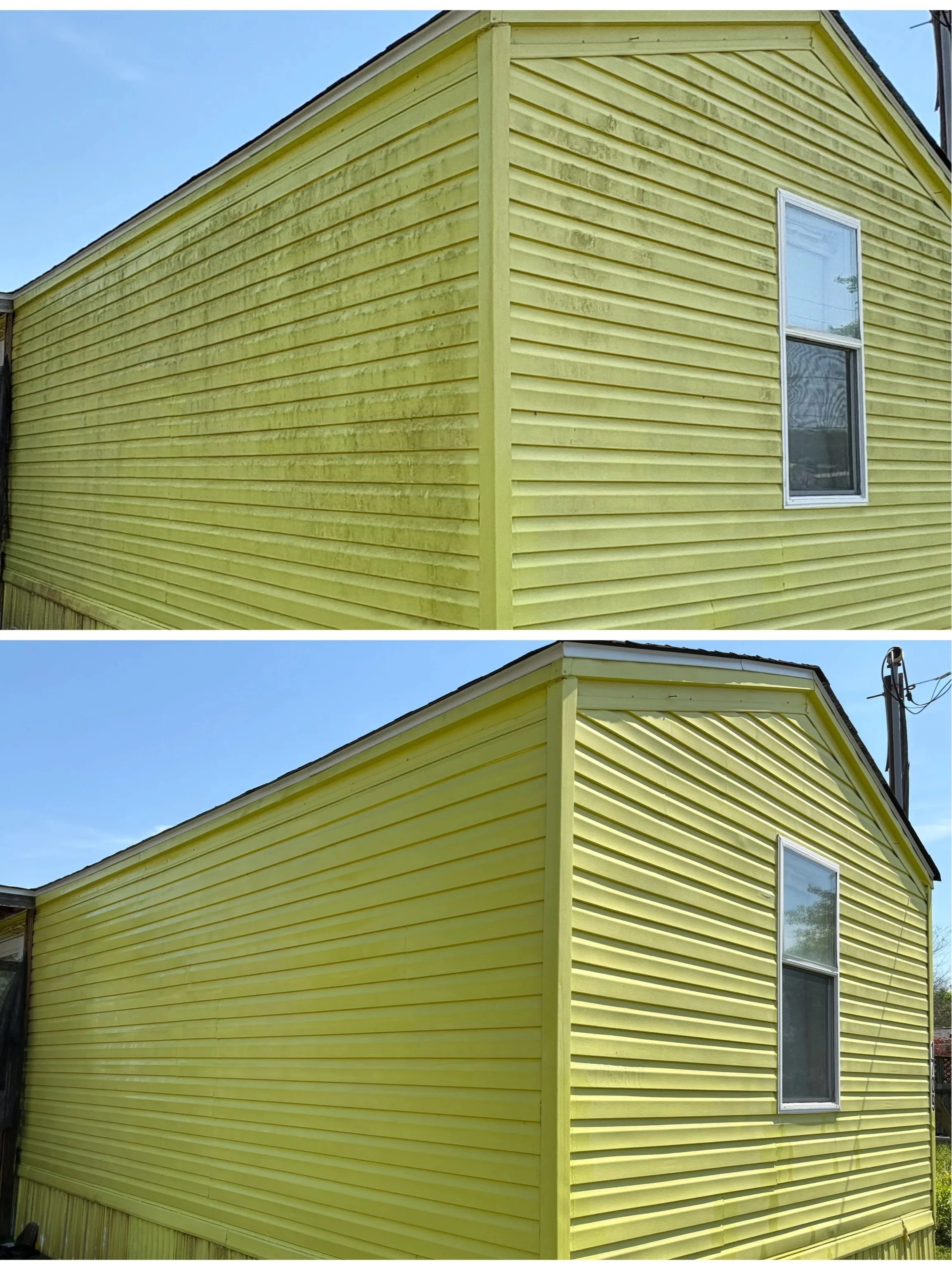 Side-by-side comparison of the exterior of a yellow house. The top image shows the house's siding with dirt stains. The bottom image shows the same house with cleaned siding.