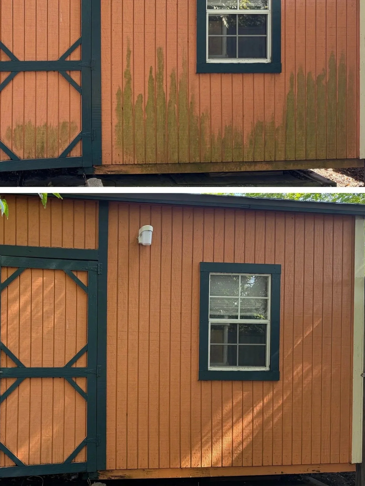 Side view of a small wooden shed before and after cleaning by Lee's Pressure Washing, showing a window and a pair of dark green double doors on an orange/brown exterior wall.